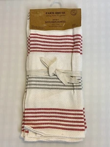 Farmhouse 3 Pack White w/Red & Gray Stripe Cotton Kitchen Towels NWT - Picture 1 of 4