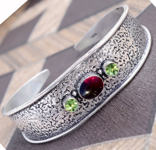 VALENTINO Bracciale Granato Rosso Peridoto Gemma Argento Sterling 925 Bracciale Uomo Gioielli