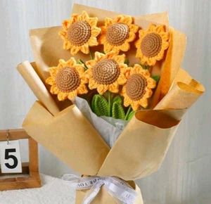 Hand-knitted Yarn Crochet Rose Sunflower Artificial Flowers Wedding Home Bouquet - Picture 1 of 7