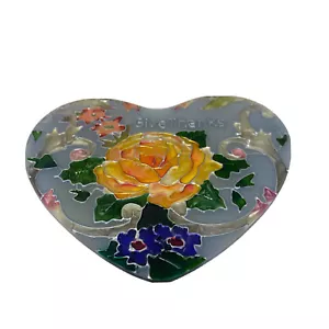 VINTAGE JOAN BAKER DESIGN HAND PAINTED HEART FLORAL STAINED GLASS GIVE THANKS - Picture 1 of 12