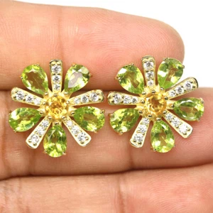 Unheated Green Peridot, Citrine & Cubic Zirconia Earrings 925 Sterling Silver - Picture 1 of 4