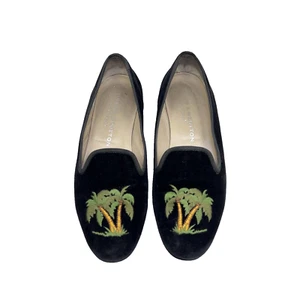 Stubbs Wootton Womens Loafer Shoes Black Velvet with Embroidered Palm Trees 6 - Picture 1 of 10