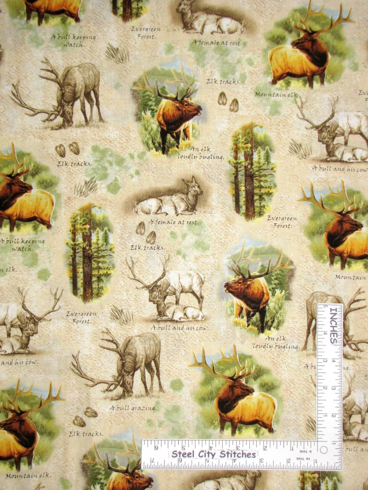 Wildlife Animals Fabric 1.5 Yards Nature Scenes Beige Cotton by QT Mountain Elk - Image 1 of 1