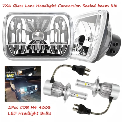 7X6 Glass Lens Headlight Conversion Sealed beam Kit to H4/9003 Size + LED Bulbs - Image 1 of 4