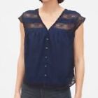 GAP Button-Up Blouse Top Womens Size Large Short Sleeve Cropped Navy Blue V-Neck