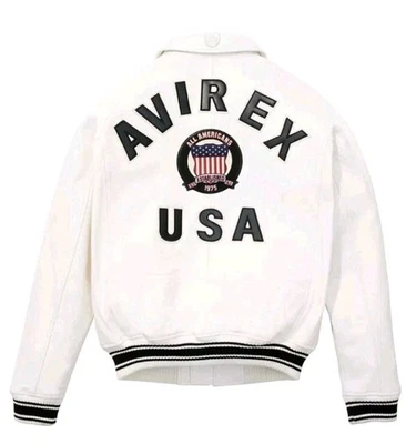 Chaqueta de bombardero Avirex de cuero genuino blanca EE. UU. American Flight para hombre talla M Foto 1 de 4