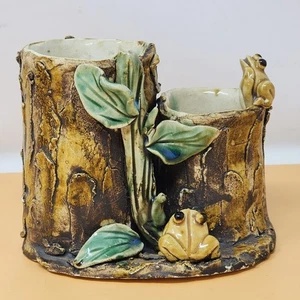 Maceta de cerámica vintage estilo mayólica de árbol de rana tocón arte cerámica - Imagen 1 de 11