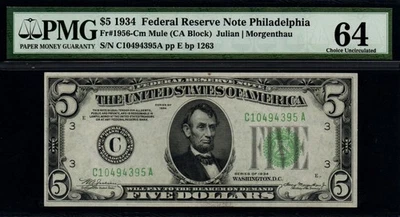 1934 $5 'Philadelphia' PMG Choice UNC 64 Federal Reserve Note! - Image 1 of 2