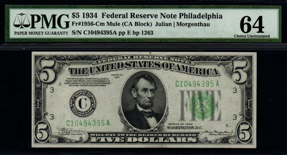 1934 $5 'Philadelphia' PMG Choice UNC 64 Federal Reserve Note! - Image 1 of 2