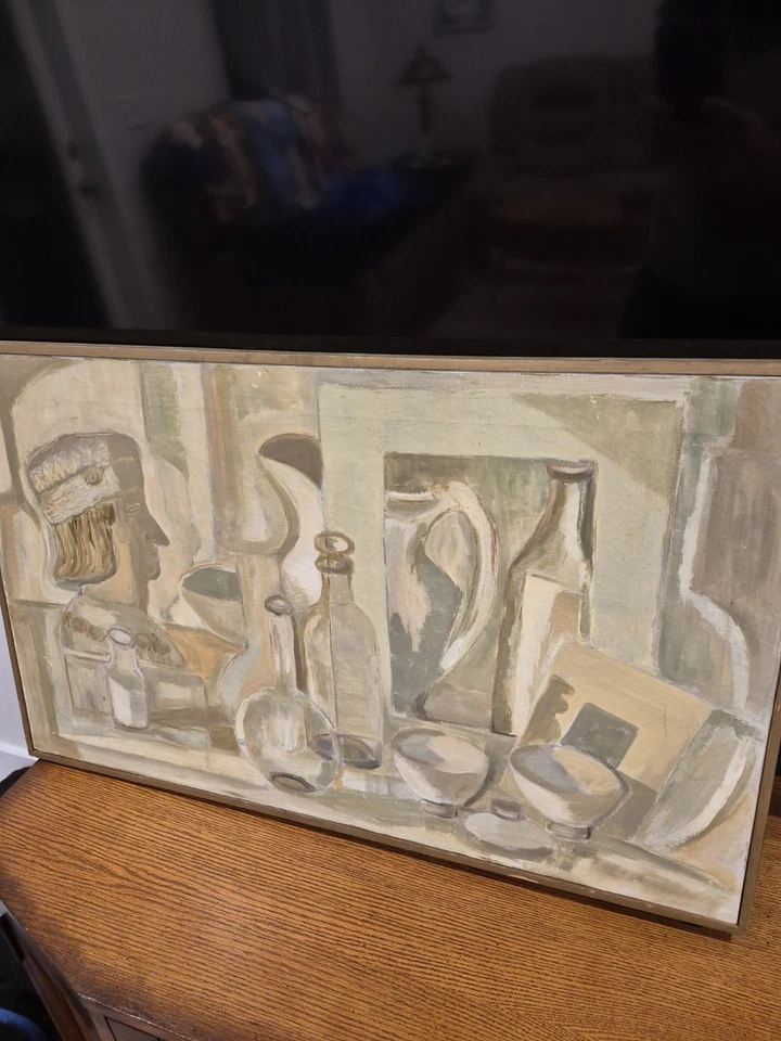Mid Century Cubist Still Life Oil Painting On Canvas - Image 1 of 4