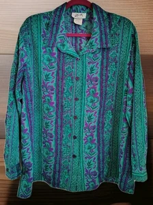 1970's Vintage Vera Blouse Sz 20 Vera Neumann Paisley Teal & Purple Long Sleeve - Picture 1 of 9