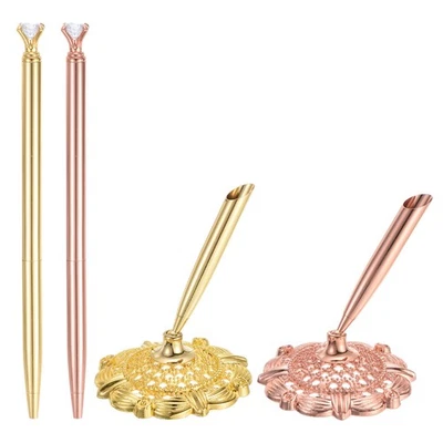 2 Pcs Hollow Round Pen Holder Signing Pen Set Crystal Diamond, Gold, Rose Gold - Image 1 of 4