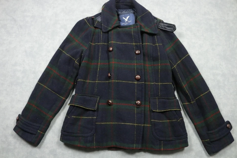 Chaqueta para mujer American Eagle Outfitters grande verde marino a cuadros estilo chaquetón Foto 1 de 4