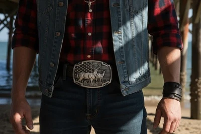 Uomo Donna Metallo Argento Cintura Fibbia Cervo Natura Cacciatore Western Moda - Immagine 1 di 4