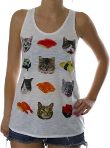 Shop Delfina Cats & Sushi Lover Women's Funny Animal Graphic Print Tank Top M - Picture 1 of 5