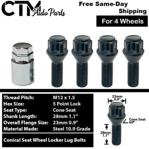 4x Black 12x1.5 Wheel Lock Lug Bolt Fit Audi Volkswagen Smart Aftermarket Wheels - Picture 1 of 6