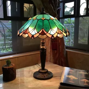 Stained Glass Tiffany Style 21" Tall Jade Green 2 Bulb Table Desk Lamp 16" Shade - Picture 1 of 3