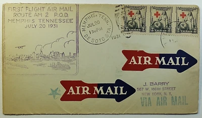 1931 First Flight Route AM2 Red Cross Airmail Cover Memphis TN to NYC SC #702 - Image 1 of 2