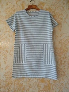 Unbranded Dress Women M Medium Green Striped Shift Short Cotton Sleeve Pockets - Picture 1 of 8