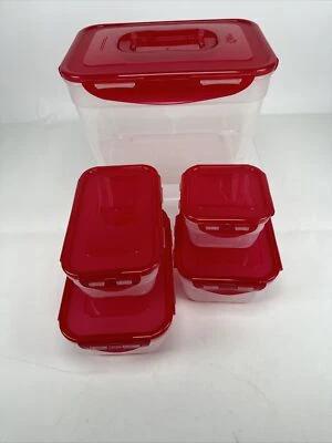 Lock N Lock Nestable 3 Rectangle and 2 Square Containers with Red Lids - Image 1 of 4