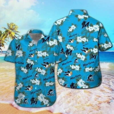 Miami Baseball Team Marlinss Hawaiian Shirt Button Down Unisex Adults S-5XL - Image 1 of 2
