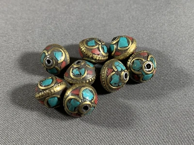 8 Tibetan Turquoise & Red Coral Inlay Beads Metal Jewelry - Image 1 of 2