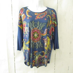 New Desigual Top S Small Blue Floral Studded Ribbed Elbow Sleeve - Picture 1 of 6