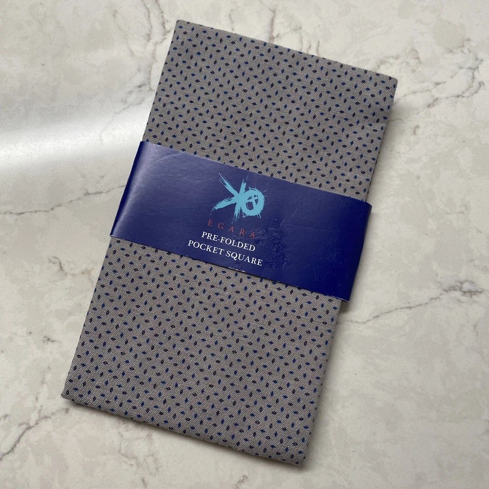 EGARA Pre Folded Pocket Square Gray Blue Flecks Cotton Blend Handkerchief Hanky - Image 1 of 4