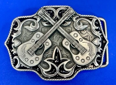 Crossed Guitar Country Music Instrument Musician Silver Tone Western Belt Buckle - Image 1 of 4