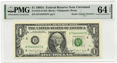1988-A $1 Federal Reserve Note PMG 64 EPQ Radar Serial Cleveland Ohio - C254 - Image 1 of 2