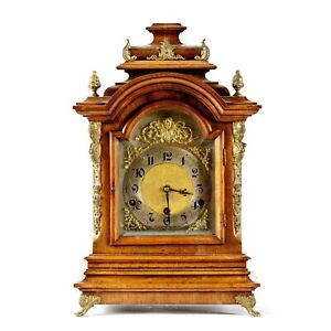 Antique German  Mental Clock Gilt Bronze Walnut Wood Unique Home Decor 19th C 