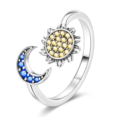 Anillo de dedo enchapado en plata europeo MULA azul AAA CZ sol luna para mujer joyería Foto 1 de 4