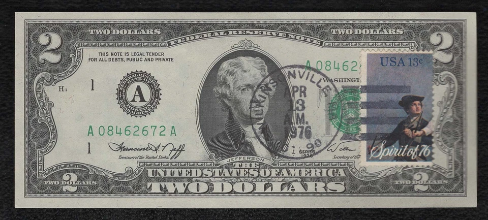 1976 Two Dollar Federal Reserve Note $2 Bill First Day of Issue w Stamp "Mint" - Image 1 of 2