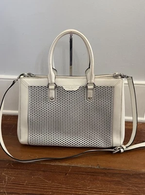 Henri Bendel White Leather Laser Cut Perforated Two Way Satchel Tote Silver - Image 1 of 4