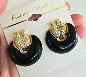 Vtg Clr Rhinestone Black Enamel Doorknocker GoldTone Clip Earrings 1-7/16" wCard - Picture 1 of 10