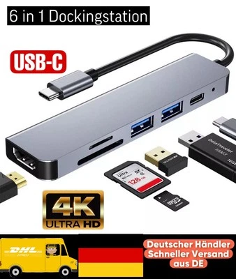 USB-C 6in1 Hub Adapter HDMI 4K USB C 3.0 Micro SD für TV Macbook iPhone Samsung - Bild 1 von 4