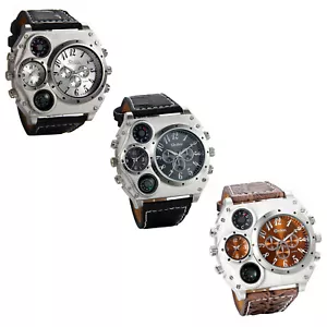 Herren Sport Armee Multifunktionale 2 Zeitzonen Zifferblatt Leder Quarz Armbanduhr - Bild 1 von 18