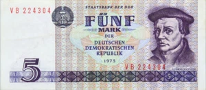 Communist Germany DDR GDR - BANKNOTE - 5 Mark 1975 Staatsbank - Thomas Müntzer - Picture 1 of 2