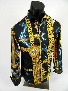 Mens Toku Premier Shirt Black Gold Stripe Italian Style Print Slim Fit Button Up - Picture 1 of 7