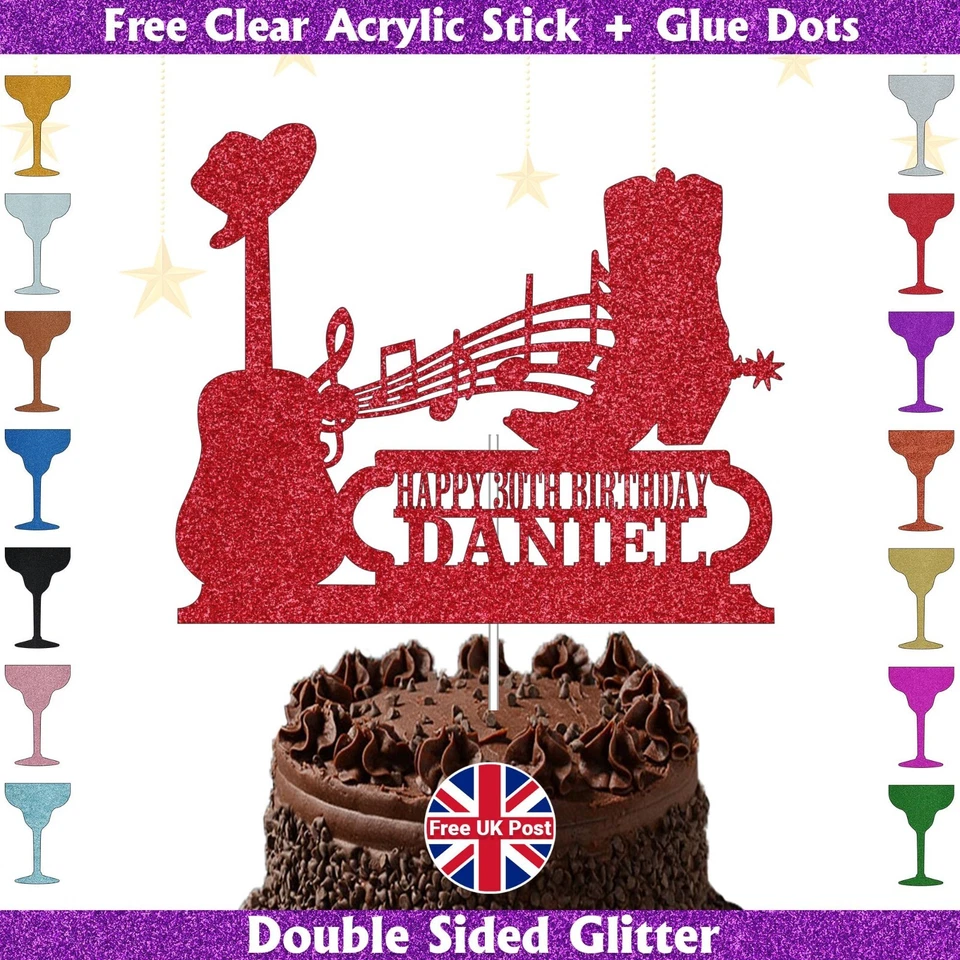 Personalised Boys Cowboy Boot Music Birthday With Name & Age Glitter Cake Topper - Image 1 of 1