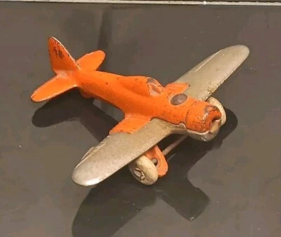 Avión HUBLEY de hierro fundido de una sola hélice naranja 2227 EE. UU. neumáticos de goma blancos años 30  Foto 1 de 4