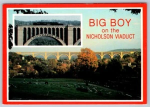 Locomotora de vapor Big Boy en el viaducto Nicholson Pennsylvania, postal cromada - Imagen 1 de 2