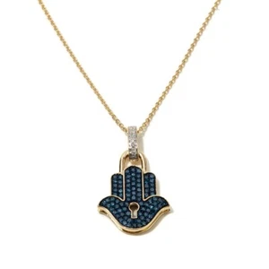 925 Sterling Silver Gold Vermeil 0.60ct Blue Diamond Hamsa Hand of God Necklace - Picture 1 of 3