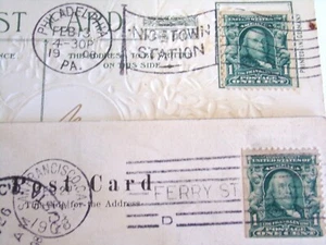 Benjamin Franklin ONE CENT Green/Blue Stamp & Postcards 1906-1908 (2) Water Mark - Picture 1 of 12
