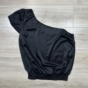 Guess Black Satin One Off The Shoulder Short SleeveBlouse Top Wms Size Large - Picture 1 of 5