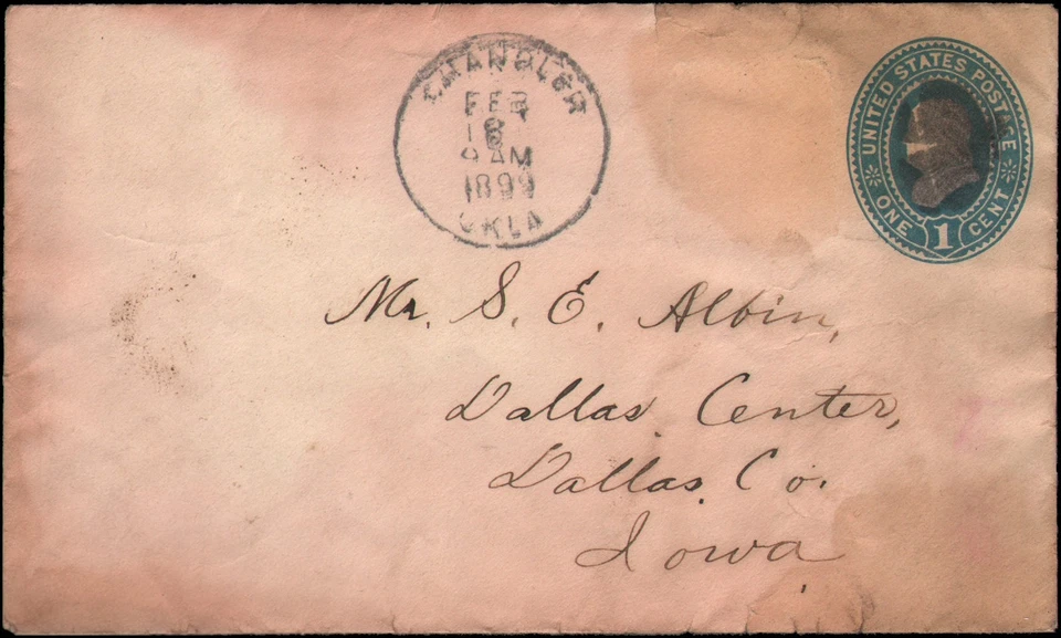 Chandler Oklahoma Territory на почтовых канцелярских товарах в округ Даллас, штат Айова, 1899 - Изображение 1 из 1