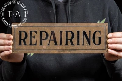 Antique “Repairing” Debossed Brass Sign - Image 1 of 4