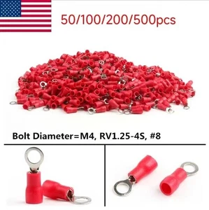 50-500PCS Ring Terminal Connector Red 22-18 GA AWG Gauge Crimp Wire Car Power - Picture 1 of 10