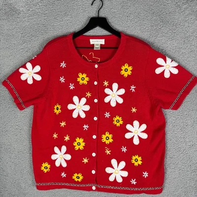 Винтажный вязаный цветочный свитер женщин 2XL цветы ретро зимний коттедж кардиган - Изображение 1 из 4