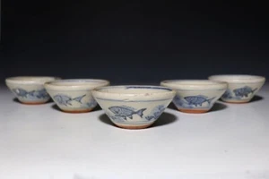 Sencha Tea Utensils Ceremony Japan Antique Meiji  Dyed Fish Algae Tea Bowl 5 Set - Picture 1 of 9